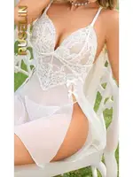 Beyaz Yırtmaçlı Dantel Seksi Fantezi Tül Dantel Gecelik Ruselin 2202 Beyaz