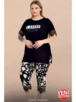 Bisiklet Yaka Büyük Beden Desenli Kolları Paçası Dantelli Kısa Kollu Kapri Pijama Takımı Lady 10726 Siyah detay görünüm
