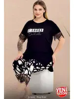 Bisiklet Yaka Büyük Beden Desenli Kolları Paçası Dantelli Kısa Kollu Kapri Pijama Takımı Lady 10726 Siyah farklı açı