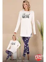 Bisiklet Yaka Desenli Viskon Uzun Kollu Pijama Takımı Lady 11689 Lacivert