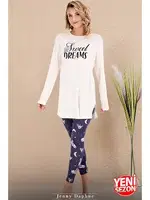 Bisiklet Yaka Desenli Viskon Uzun Kollu Pijama Takımı Lady 11689 Lacivert detay görünüm