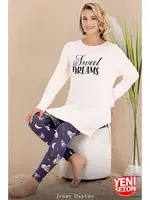 Bisiklet Yaka Desenli Viskon Uzun Kollu Pijama Takımı Lady 11689 Lacivert farklı açı