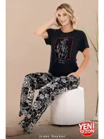 Bisiklet Yaka içek Desenli Kısa Kollu Kadın Pijama Takımı Lady 12597 Siyah görsel 4