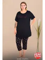 Bisiklet Yaka Kısa Kollu Büyük Beden Çiçek Desenli Kapri Pijama Takımı Lady 10732 Siyah farklı açı