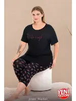 Bisiklet Yaka Kısa Kollu Büyük Beden Çiçek Desenli Kapri Pijama Takımı Lady 10732 Siyah görsel 4