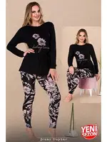 Bisiklet Yaka Viskon Uzun Kollu Çiçekli Pijama Takımı Lady 11605 Siyah