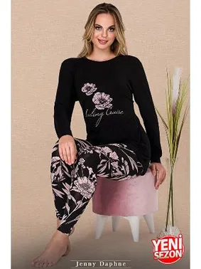 Lady Bisiklet Yaka Viskon Uzun Kollu Çiçekli Pijama Takımı Lady 11605 - Alternatif Görünüm