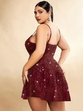 Pink Night Bordo Askılı Mini Büyük Beden Seksi Gece Elbisesi Pink Night 6510 - Alternatif Görünüm