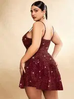 Bordo Askılı Mini Büyük Beden Seksi Gece Elbisesi Pink Night 6510 Bordo detay görünüm