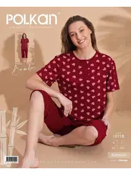 Polkan Bordo Kalpli Bambu Kısa Kollu Kapri Pijama Takım Polkan 19118