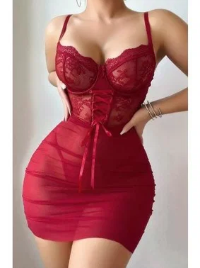 Ruselin Bordo Premium Büstiyer Fantezi Gecelik Ruselin 2209