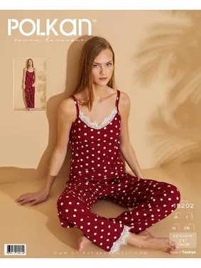 Polkan Bordo Puantiyeli Dantel Askılı Pegasus Pijama Takım Polkan 19202
