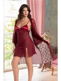 Real Passione Bordo Saten Dantel Sabahlıklı Erotik Gecelik Real Passione 8087