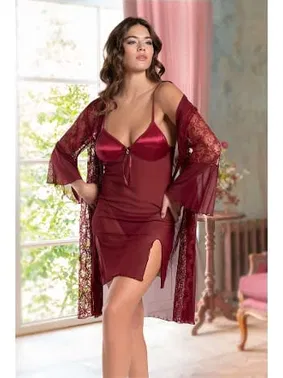 Real Passione Bordo Saten Dantel Sabahlıklı Erotik Gecelik Real Passione 8087 - Alternatif Görünüm