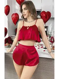 NightLight Bordo Saten Şortlu Gecelik Takımı