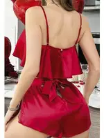 Bordo Saten Şortlu Gecelik Takımı Bordo detay görünüm