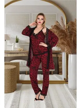 İzabel Bordo Zebra Desenli 3lü Sabahlık Takımı İzabel SB-5005