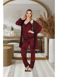 İzabel Bordo Zebra Desenli 3lü Sabahlık Takımı İzabel SB-5005