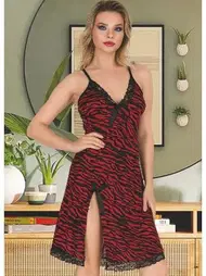 İzabel Bordo Zebra Desenli Tunik Fantezi Gecelik İzabel T-1014