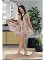 Boyundan Bağlamalı Çiçekli Kloş Kesim Kısa Gecelik İzabel 3013 Gri görsel 4