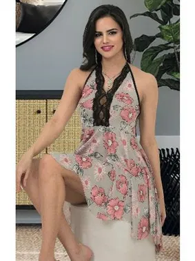 İzabel Boyundan Bağlamalı Çiçekli Kloş Kesim Kısa Gecelik İzabel 3013 - Alternatif Görünüm