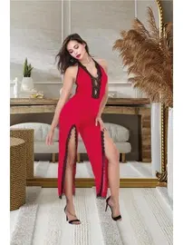 İzabel Boyundan Bağlamalı Dantelli Yırtmaçlı Fantazi Tulum Gecelik İzabel 500