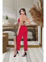 Boyundan Bağlamalı Dantelli Yırtmaçlı Fantazi Tulum Gecelik İzabel 500 Kırmızı detay görünüm