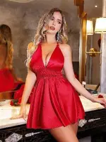 Boyundan Bağlamalı Sırt Dekolteli Saten Gecelik Sabahlık Takım Pink Night 1520 Kırmızı detay görünüm