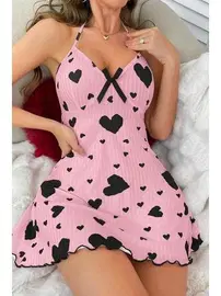 Ruselin Boyundan Bağlamalı Siyah Kalpli Pembe Kısa Gecelik Ruselin 5065