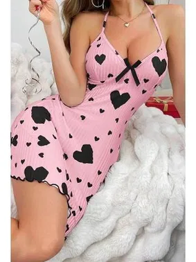 Ruselin Boyundan Bağlamalı Siyah Kalpli Pembe Kısa Gecelik Ruselin 5065 - Alternatif Görünüm