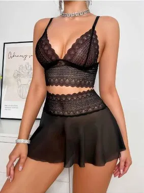 İzabel Bralet Siyah Dantelli Tül Seksi Sütyen Etek Takım İzabel 13006