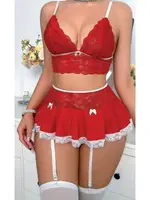 Büstiyerli Kırmızı Dantelli Jartiyer Takım NightLight 7047-1 Kırmızı