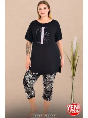 Lady Büyük Beden Çiçek Desenli Bisiklet Yaka Kısa Kollu Kapri Pijama Takımı Lady 10729 - Alternatif Görünüm