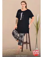 Büyük Beden Çiçek Desenli Bisiklet Yaka Kısa Kollu Kapri Pijama Takımı Lady 10729 Siyah farklı açı