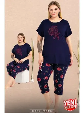 Lady Büyük Beden Çiçek Desenli Bisiklet Yaka Kısa Kollu Kapri Pijama Takımı Lady 10735