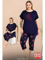 Büyük Beden Çiçek Desenli Bisiklet Yaka Kısa Kollu Kapri Pijama Takımı Lady 10735 Lacivert