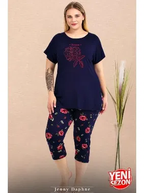 Lady Büyük Beden Çiçek Desenli Bisiklet Yaka Kısa Kollu Kapri Pijama Takımı Lady 10735 - Alternatif Görünüm