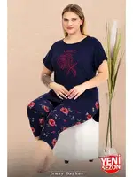 Büyük Beden Çiçek Desenli Bisiklet Yaka Kısa Kollu Kapri Pijama Takımı Lady 10735 Lacivert farklı açı