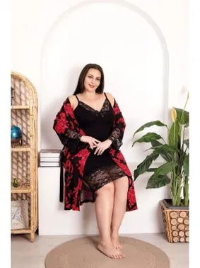 Lady Büyük Beden Çiçek Desenli Dantelli Gecelik Sabahlık Takım Lady 19212