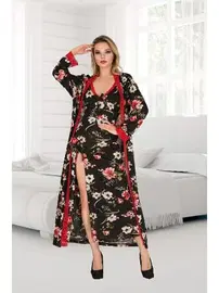 İzabel Büyük Beden Çiçekli Uzun Yırtmaçlı Gecelik Sabahlık Takım İzabel 7001