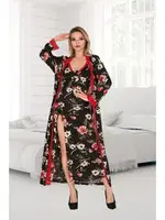 Büyük Beden Çiçekli Uzun Yırtmaçlı Gecelik Sabahlık Takım İzabel 7001 Siyah