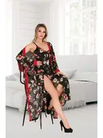 Büyük Beden Çiçekli Uzun Yırtmaçlı Gecelik Sabahlık Takım İzabel 7001 Siyah detay görünüm