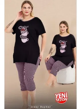 Lady Büyük Beden Çizgili Kapri Kısa Kollu Kapri Pijama Takımı Lady 10728