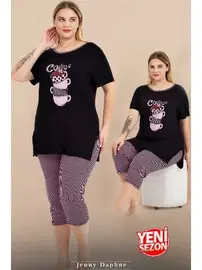 Lady Büyük Beden Çizgili Kapri Kısa Kollu Kapri Pijama Takımı Lady 10728