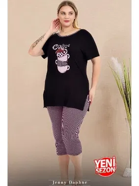 Lady Büyük Beden Çizgili Kapri Kısa Kollu Kapri Pijama Takımı Lady 10728 - Alternatif Görünüm