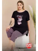 Büyük Beden Çizgili Kapri Kısa Kollu Kapri Pijama Takımı Lady 10728 Siyah farklı açı