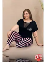 Büyük Beden Çizgili Tül Detaylı Kısa Kollu Pijama Takımı Lady 11000