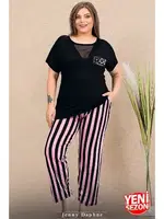 Büyük Beden Çizgili Tül Detaylı Kısa Kollu Pijama Takımı Lady 11000 farklı açı