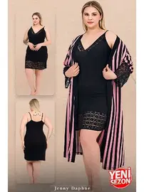 Lady Büyük Beden Çizgili Viskon Askılı Dantelli Sabahlık Gecelik Takım 19239 Lady 19239