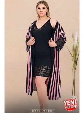 Lady Büyük Beden Çizgili Viskon Askılı Dantelli Sabahlık Gecelik Takım 19239 Lady 19239 - Alternatif Görünüm